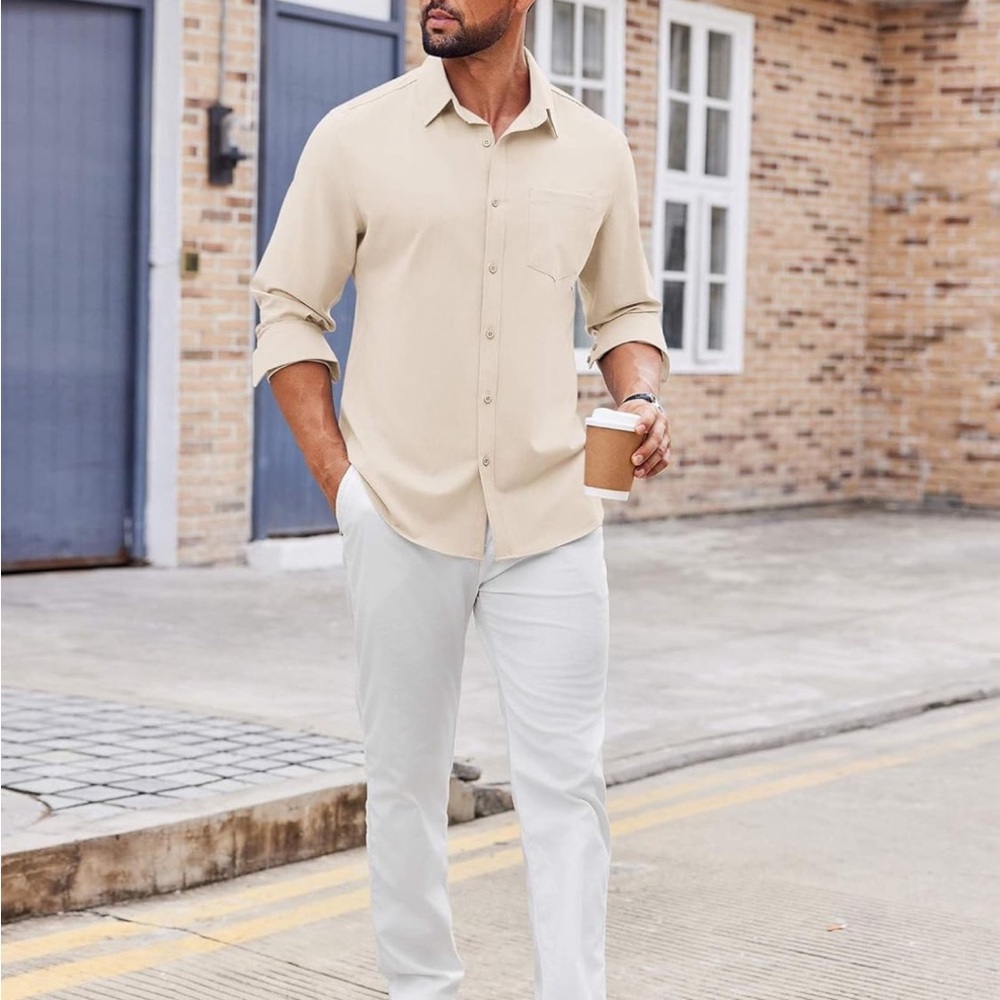 Men's Beige Long Sleeve Button Down Shirt - Picture 4 of 6